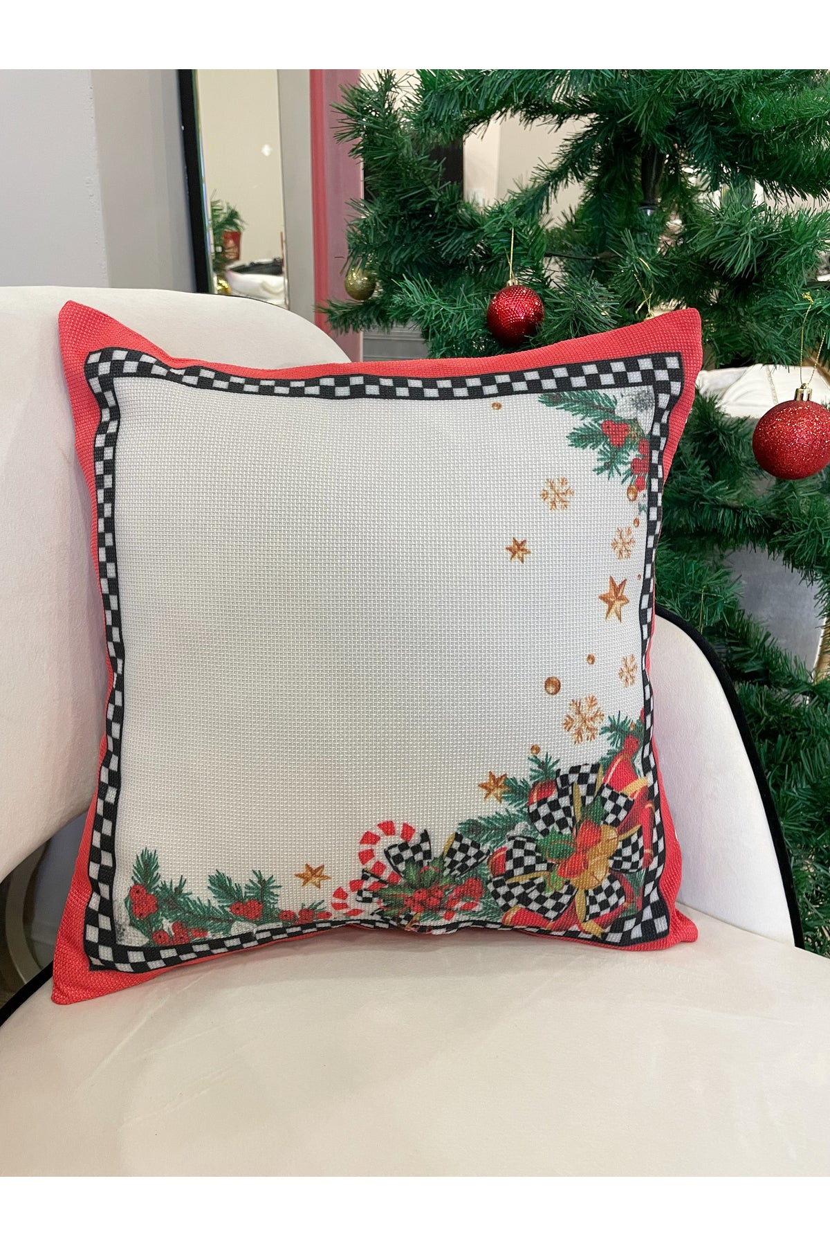 Yılbaşı Desenli Keten Görünümlü Kırlent Yastık Kılıfı (KIRMIZI) 45x45