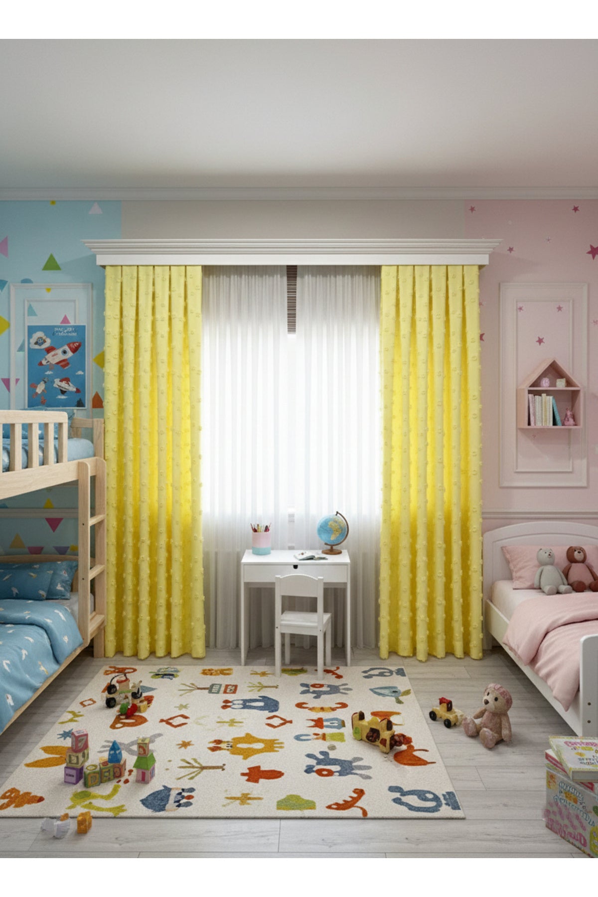 Blue Children's Room Pompom Puffy Blackout Curtain 1/3 Dense Pleating