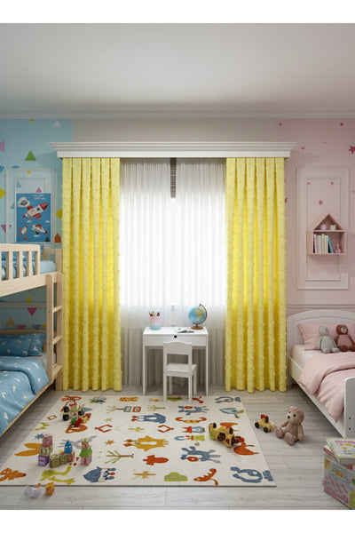 Blue Children's Room Pompom Puffy Blackout Curtain 1/3 Dense Pleating
