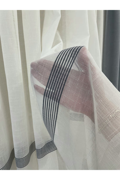 Linen-Look Banded 1/3 Dense Pleated - Ecru/Grey Sheer Curtain
