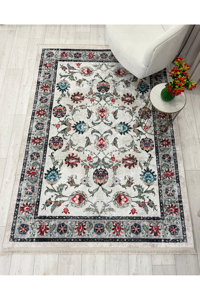 BEIGE-BLUE Traditional Distressed FRINGED Classic Non-Slip Base Rug