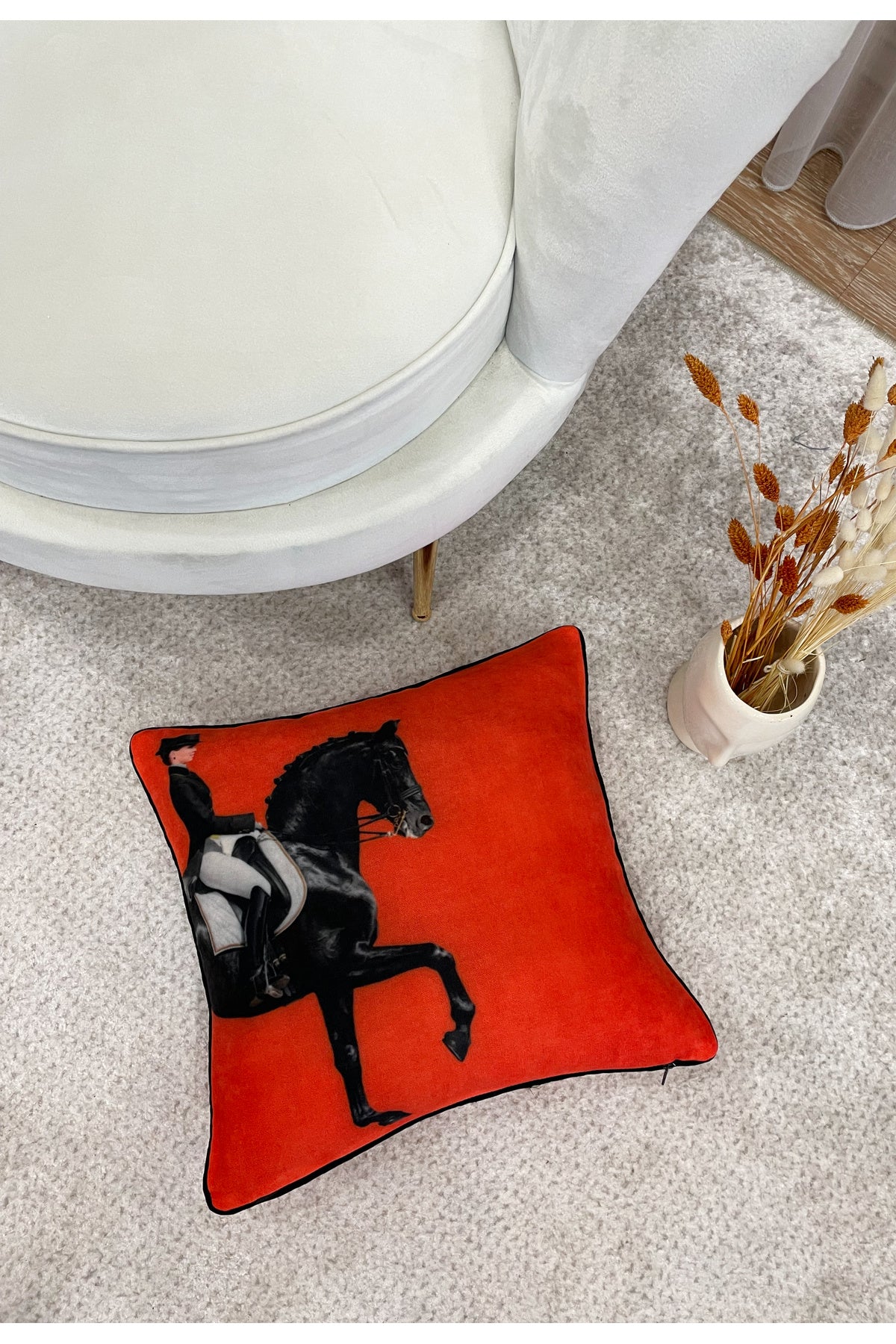 Horse Patterned Piped Throw Pillow Cover 45x45 - ORANGE