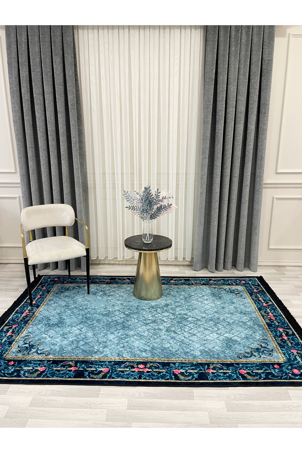 Floral Bordered Navy Blue Latex Leather-Backed Rug