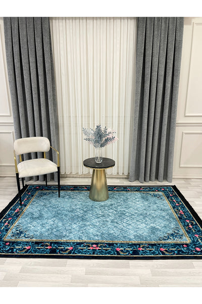 Floral Bordered Navy Blue Latex Leather-Backed Rug