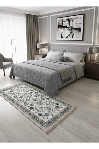 BEIGE-BLUE Traditional Distressed FRINGED Classic Non-Slip Base Rug