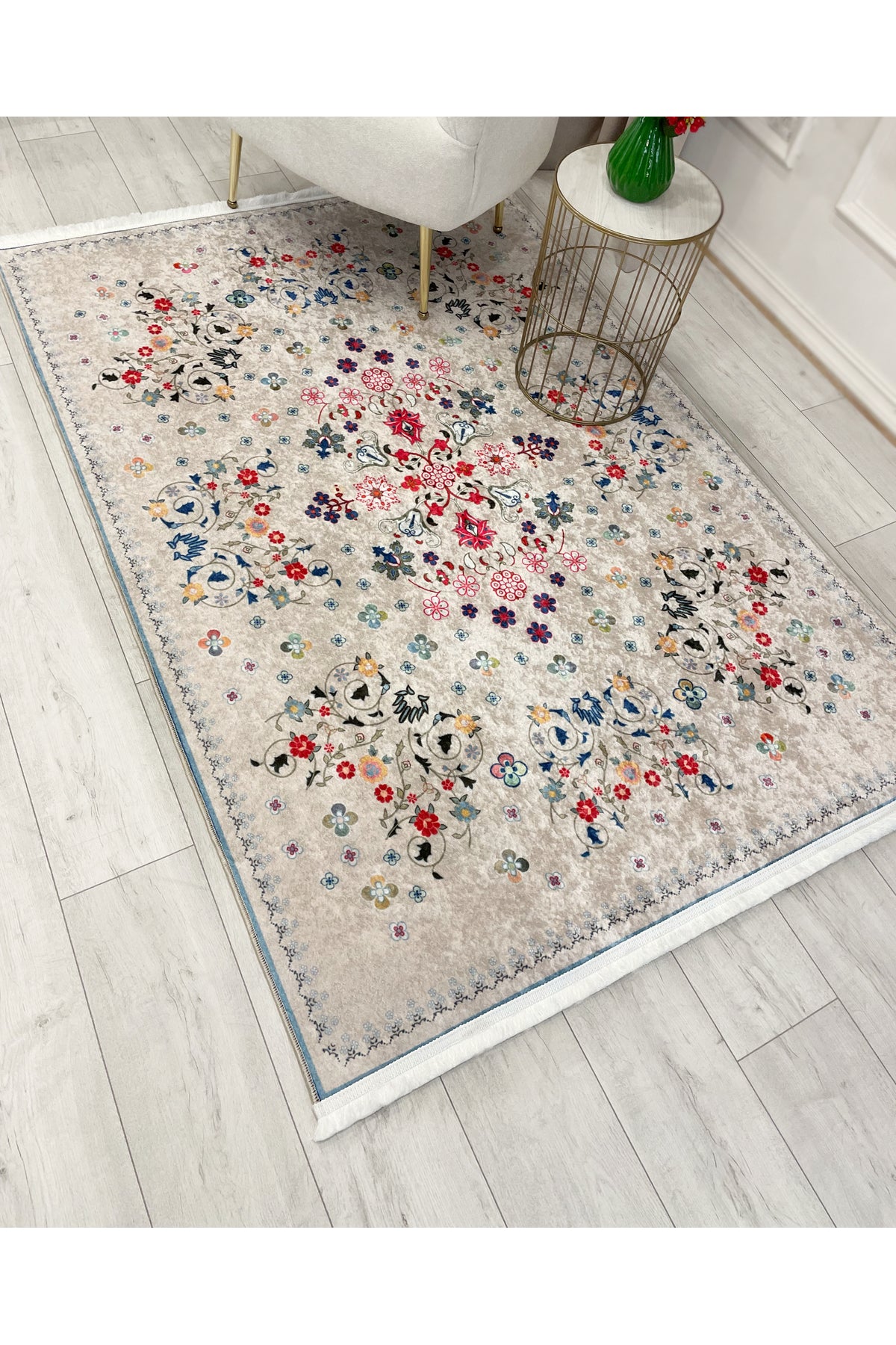 BEIGE Floral Patterned Vintage Latex Base Rug