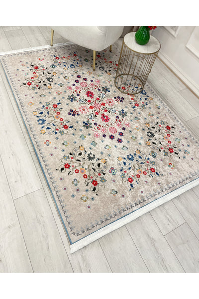 BEIGE Floral Patterned Vintage Latex Base Rug