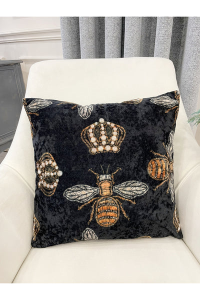 Queen Bee Embroidery Look Velvet Throw Pillow Cover 45x45
