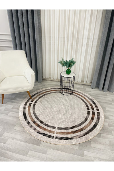BEIGE Striped Bordered Non-Slip Base Framed Rug