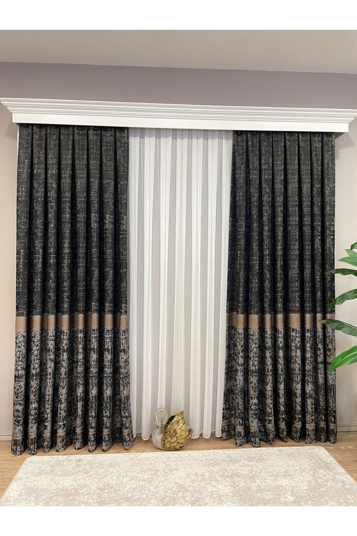 Gray Anthracite Bordered Pattern 1/3 Tight Pleat Jacquard Woven Blackout Curtain