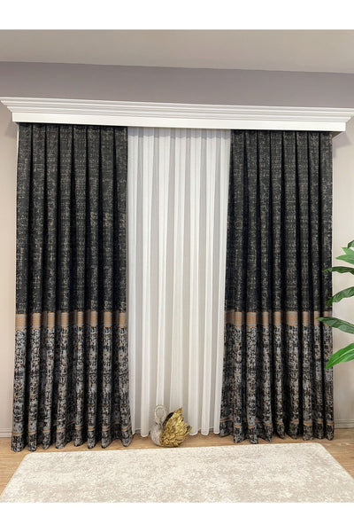 Gray Anthracite Bordered Pattern 1/3 Tight Pleat Jacquard Woven Blackout Curtain