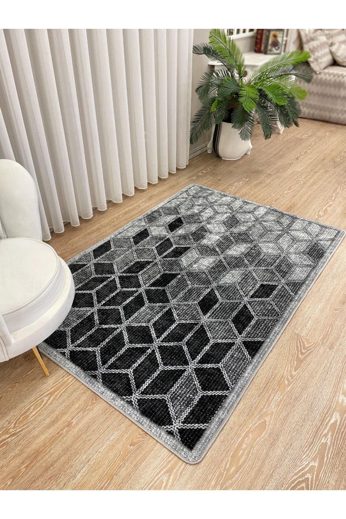 Geometrik Motifli 3 Boyutlu Lateks Taban Halı - Gri Renk