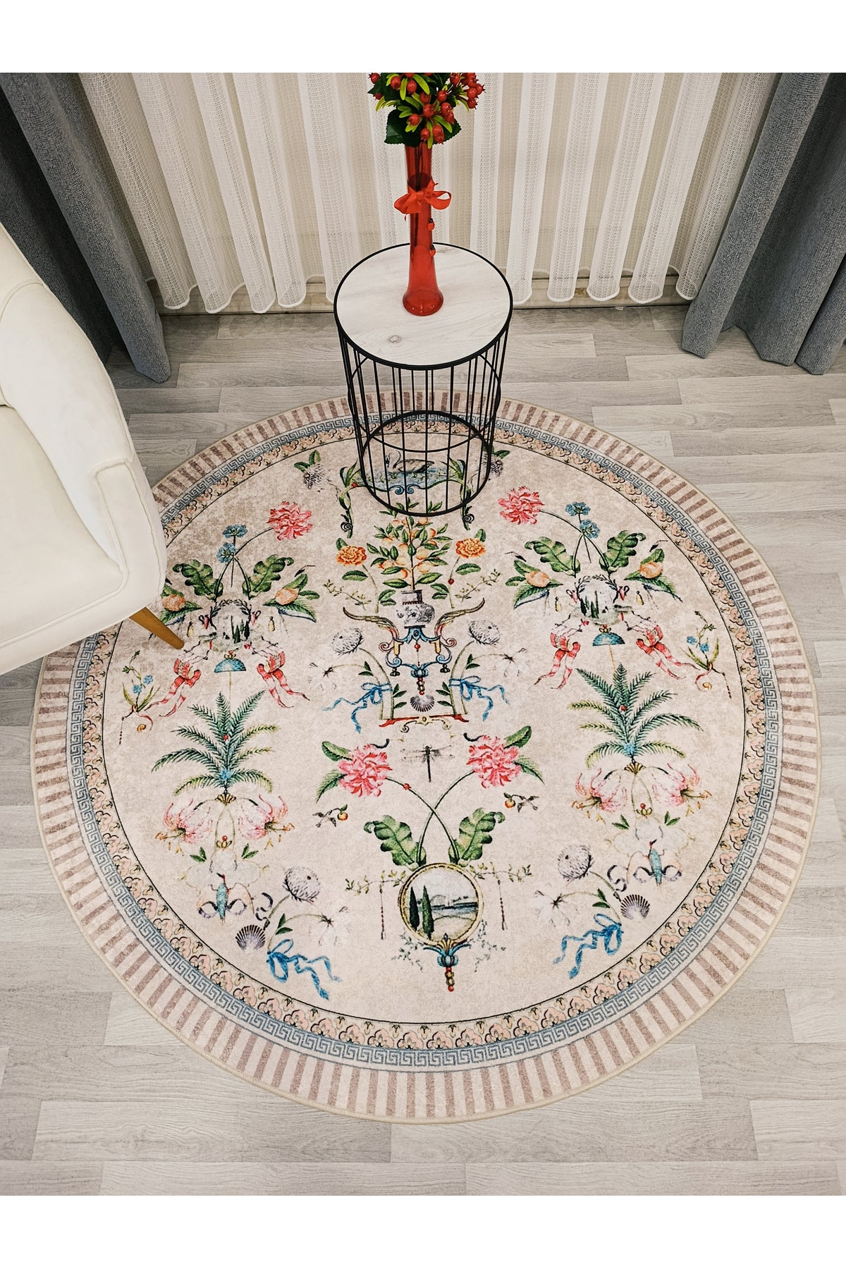 Beige Floral Bird Patterned Latex Leather Base Round Rug