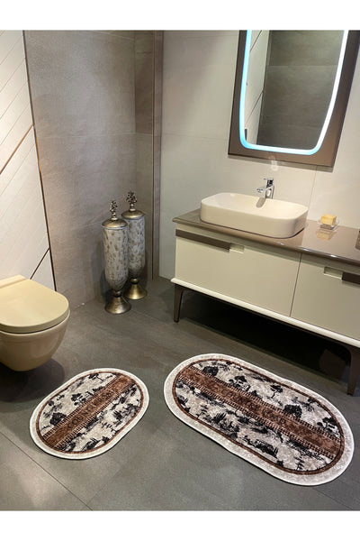 2 li Kahverengi 60x100 - 60x50 Country Desenli Lateks Taban Banyo Paspas