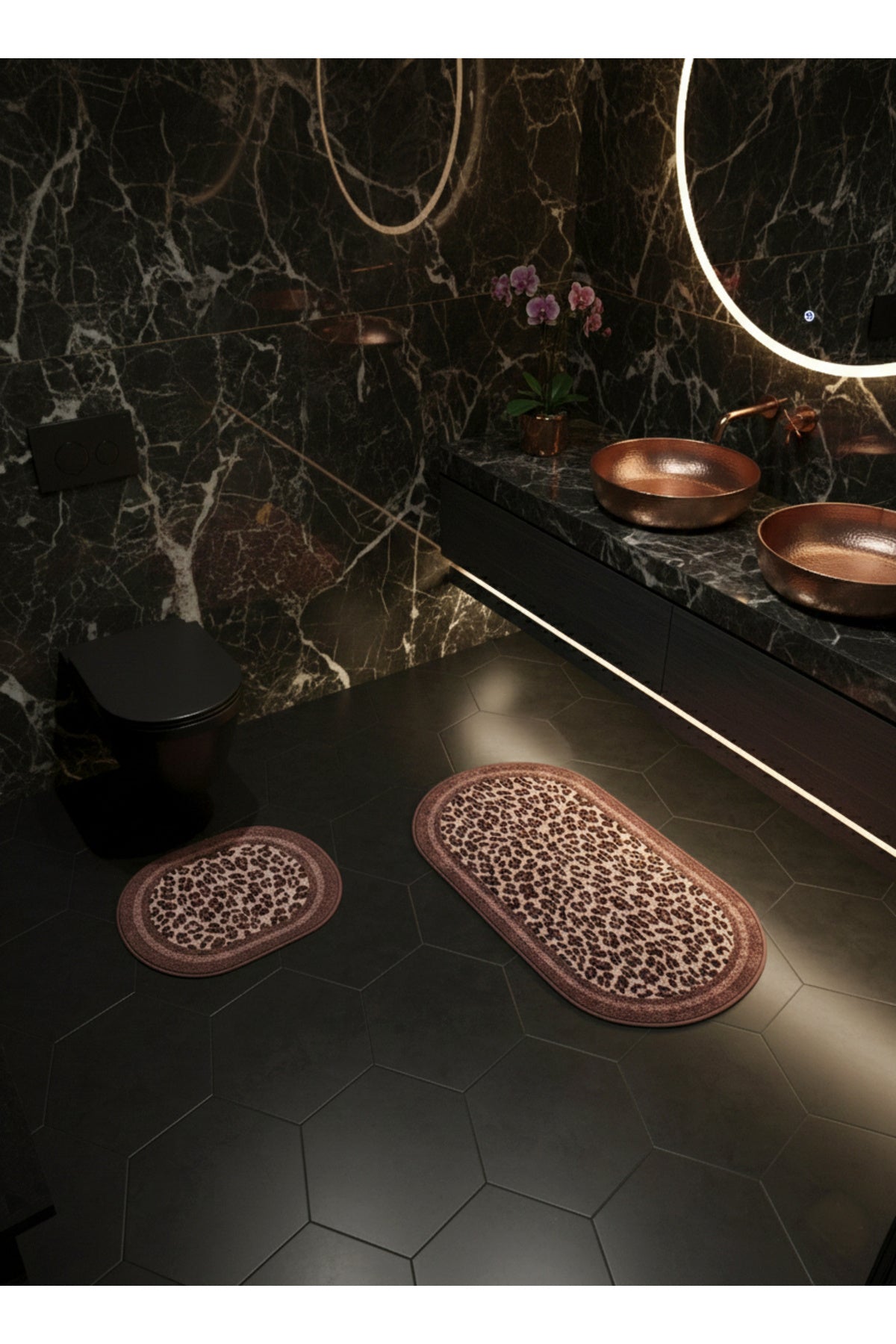 Lepoar Patterned 2-Piece Leather Base Oval Bathroom Mat (60x100 - 60x50)