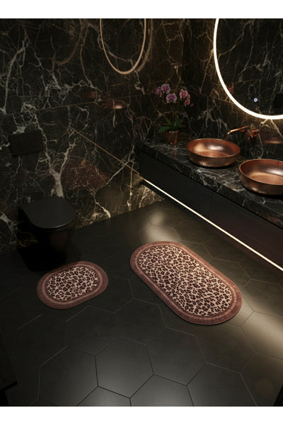 Lepoar Patterned 2-Piece Leather Base Oval Bathroom Mat (60x100 - 60x50)