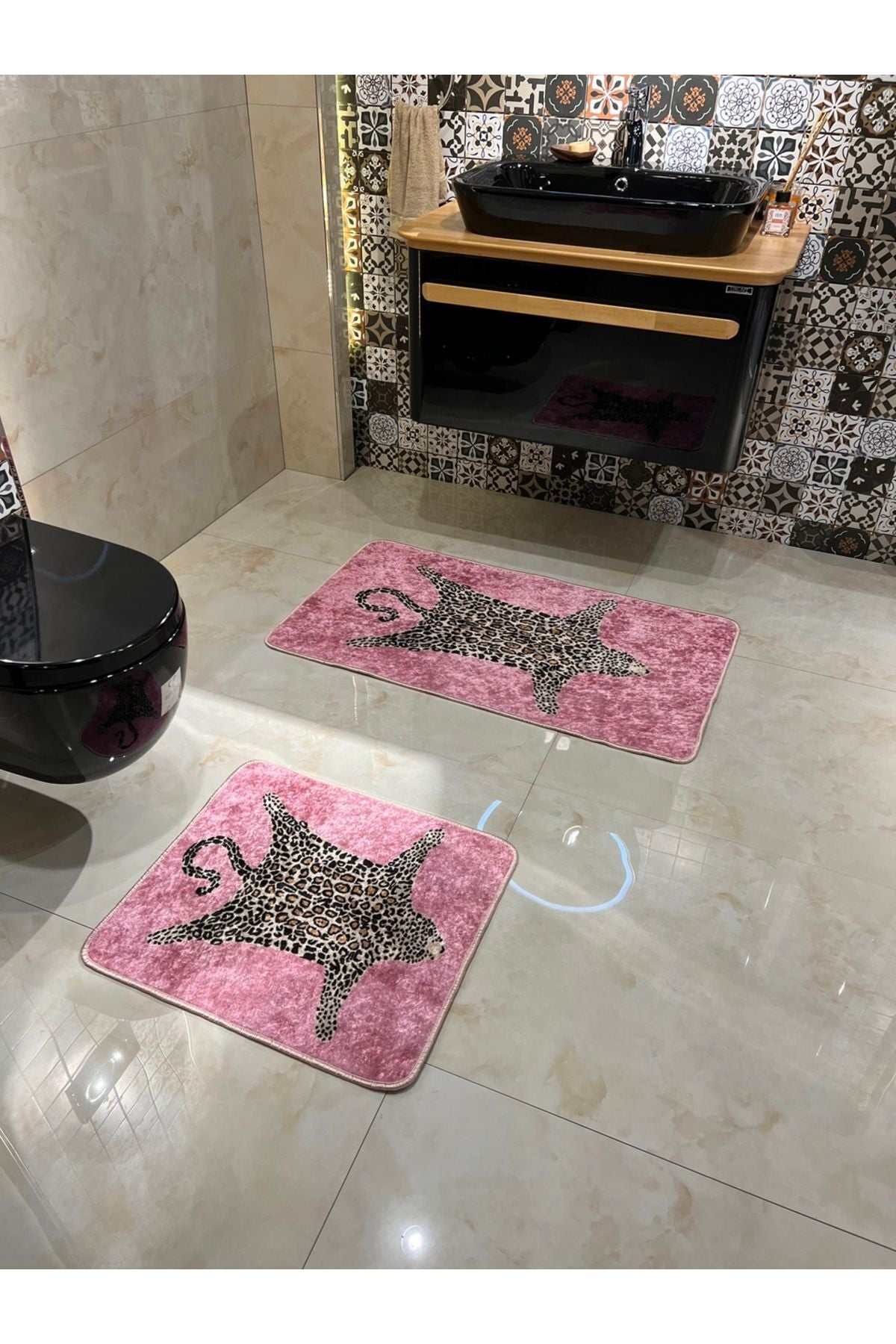 Set of 2 Leopard Print 60x100 - 60x50 Bathroom Rugs - Fuchsia