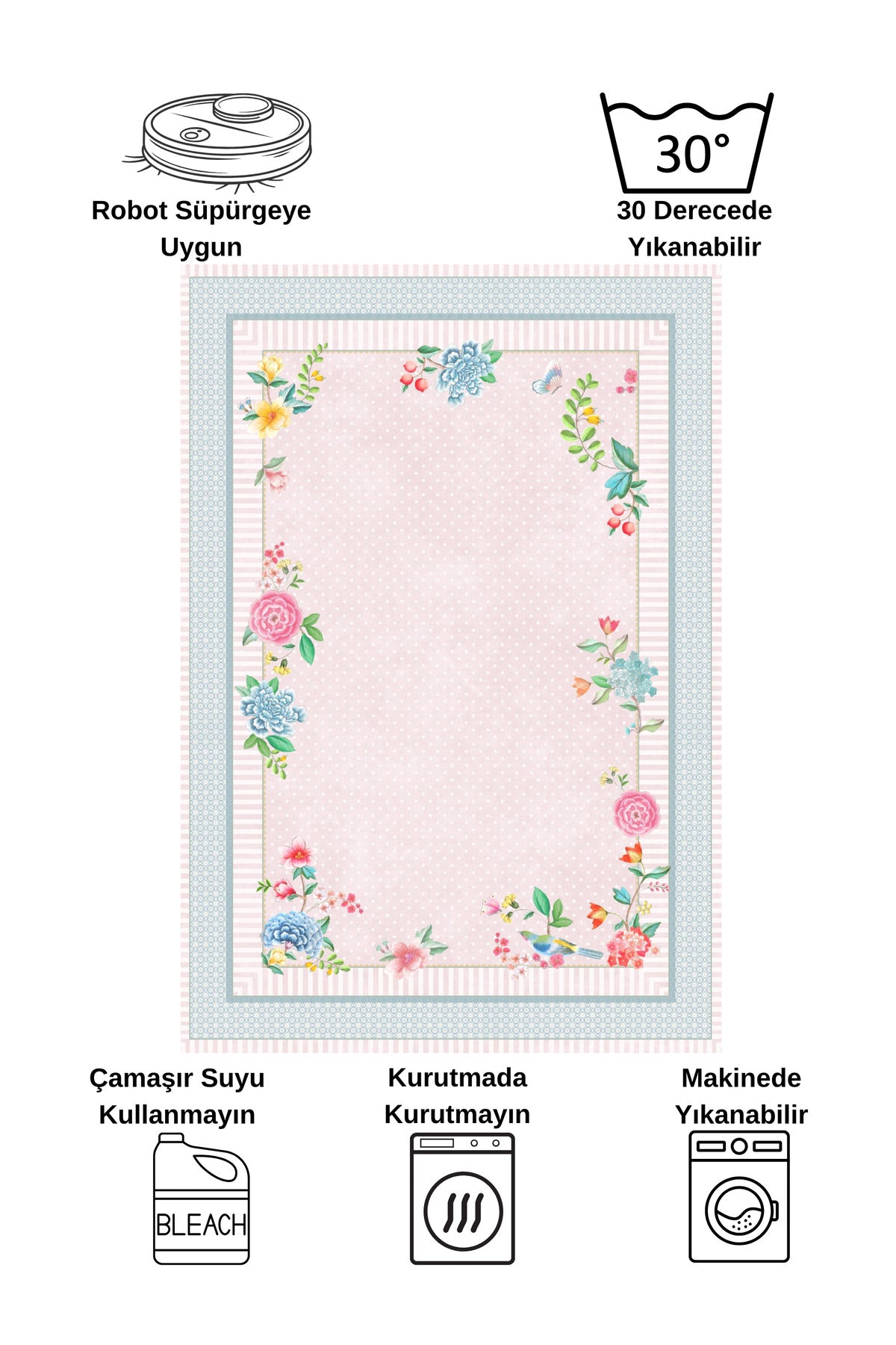 Blue Ground Rose Pattern Non-Slip Rug