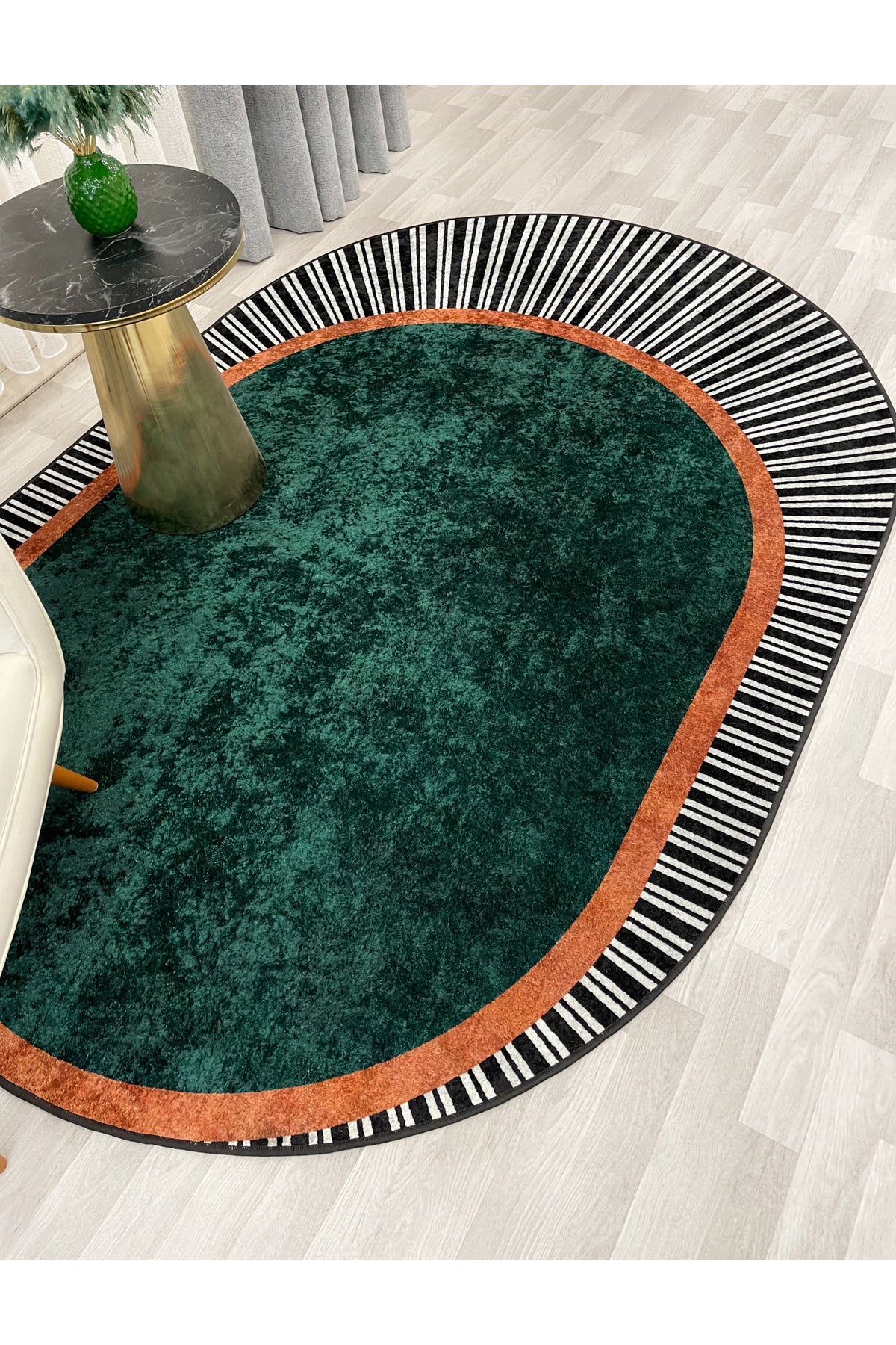GREEN Striped Oval Non-Slip Base Rug