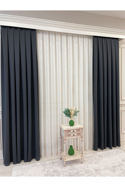 Stone Grey 1/3 Tight Pleat Linen-Look Blackout Curtain