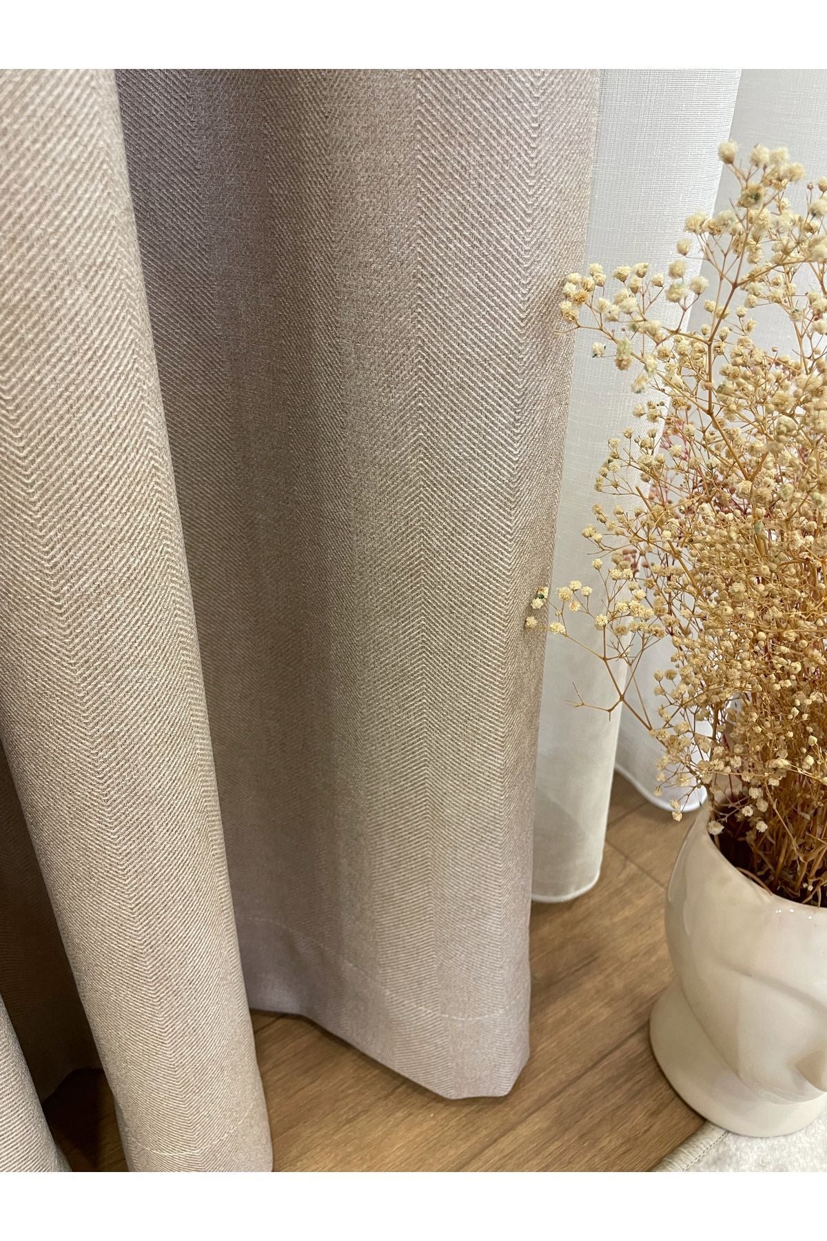Heathered Milky Brown Linen-Look 1/3 Dense Pleated Blackout Curtain