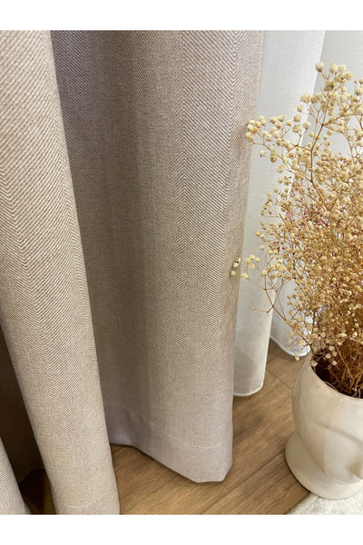 Heathered Milky Brown Linen-Look 1/3 Dense Pleated Blackout Curtain