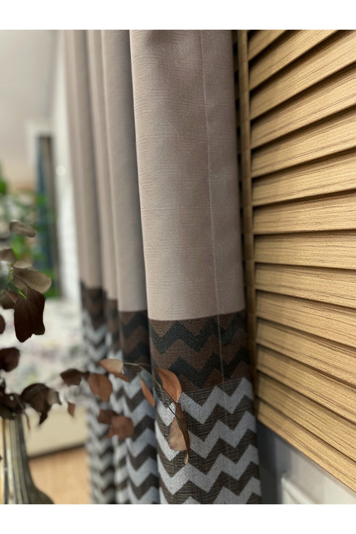 Jacquard 1/3 Dense Pleat Zigzag Striped Panel Print Blackout Curtain - Beige - Brown