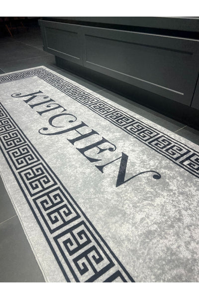 Kitchen Yazılı Bordürlü Mutfak Halısı Gri - Siyah