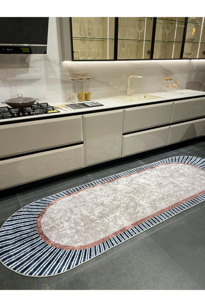 BEIGE-NAVY Striped Oval Non-Slip Base Rug