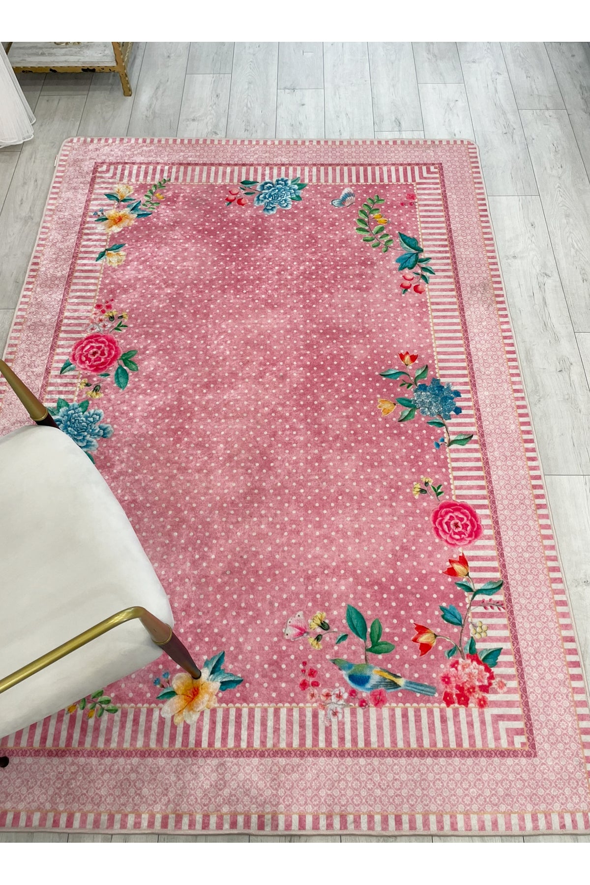 Blue Ground Rose Pattern Non-Slip Rug