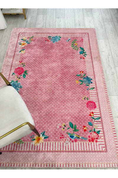 Blue Ground Rose Pattern Non-Slip Rug