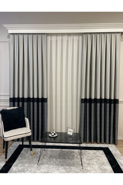 Panel Pattern Jacquard 1/3 Dense Pleat Blackout Curtain - Bottom: Mustard-Navy / Top: Gray