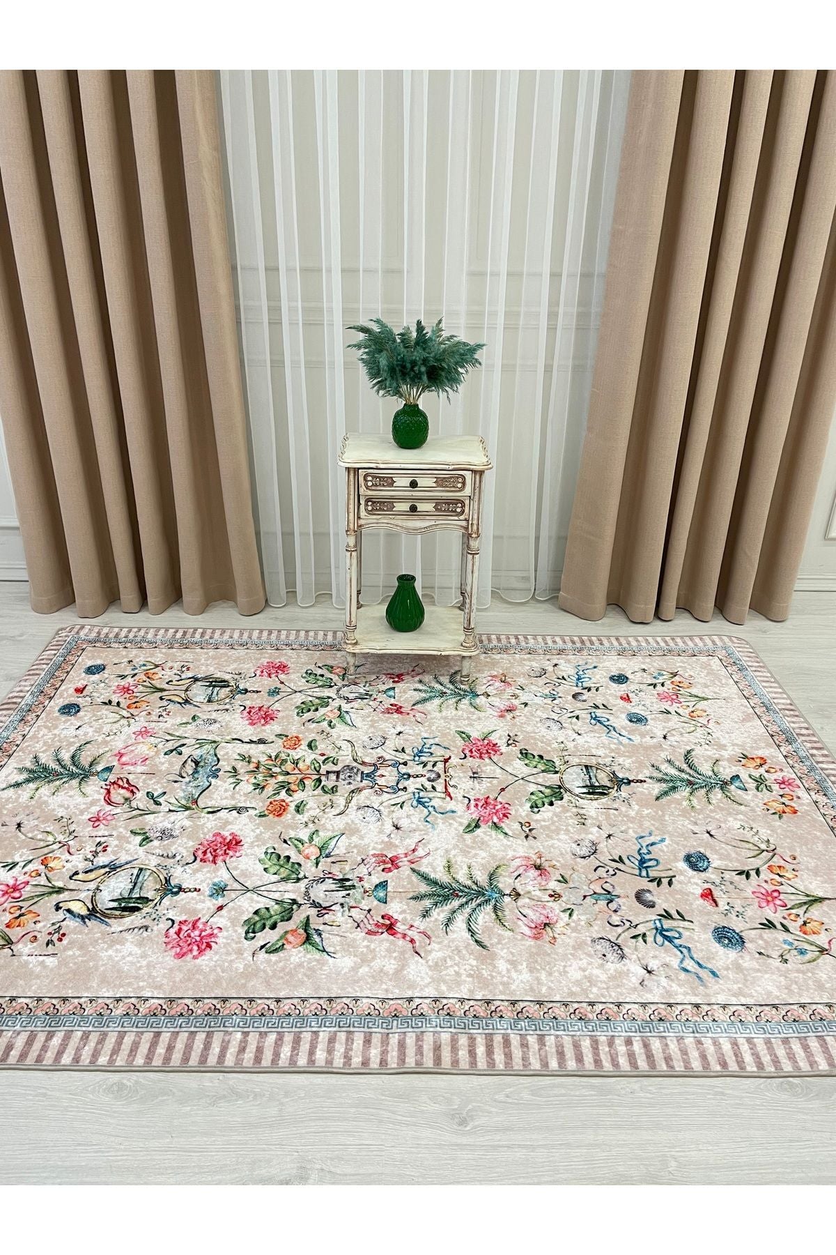 Beige Floral Bird Patterned Latex Leather Base Rug