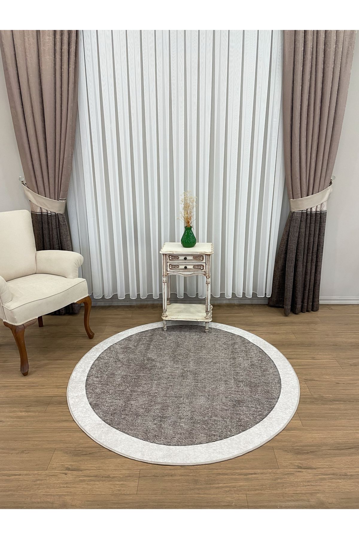 Jute-Look Washable Latex Base Round Rug - Beige Brown