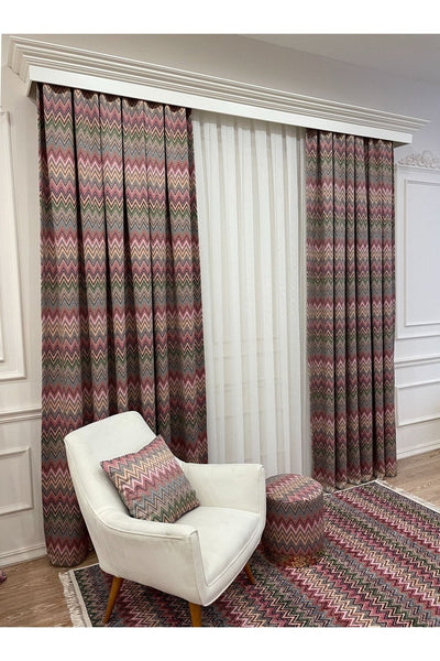 Zigzag Patterned No-Pleat Flat Stitch Extra-Tape Blackout Curtain