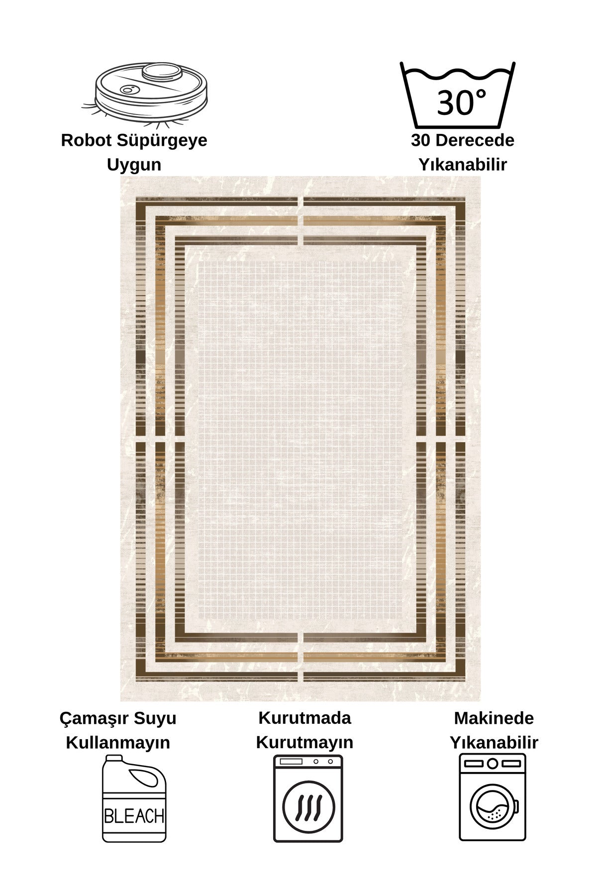 BEIGE Striped Bordered Non-Slip Base Framed Rug