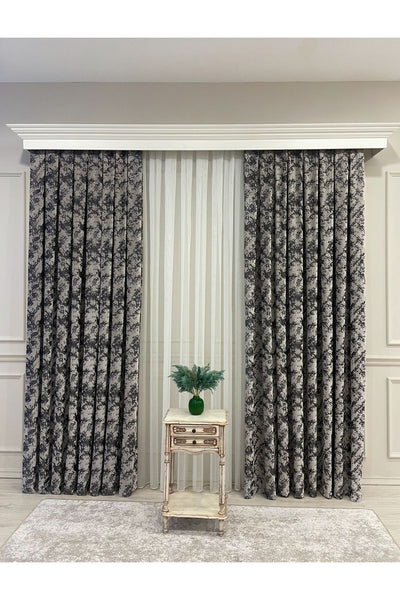 Brown-Navy Blue Chenille Pattern Jacquard 1/3 Dense Pleated Jacquard Blackout Curtain