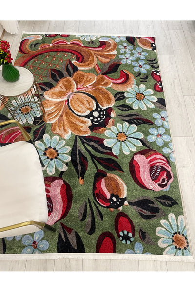 Green Floral Pattern Latex Base Rug