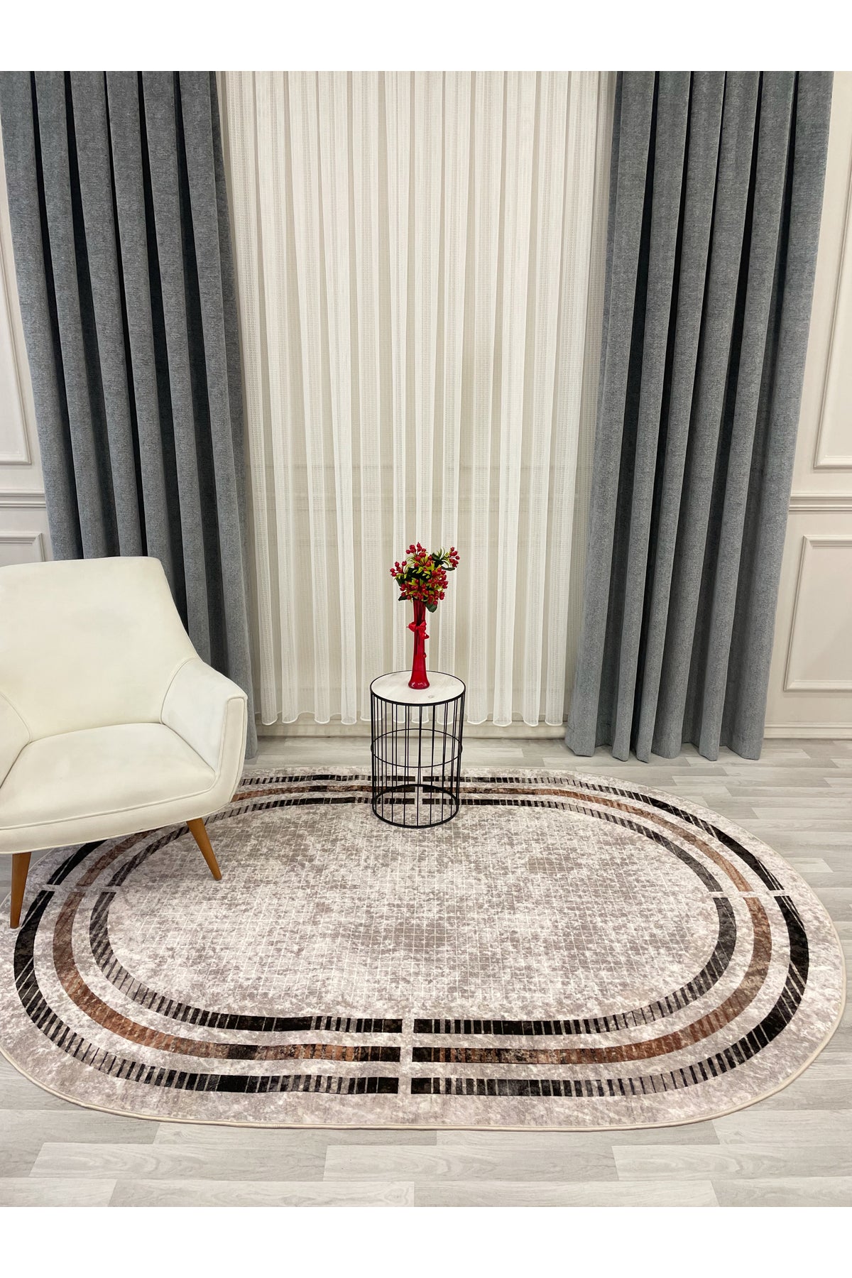 BEIGE Striped Bordered Non-Slip Base Framed Rug