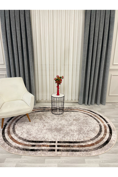 BEIGE Striped Bordered Non-Slip Base Framed Rug