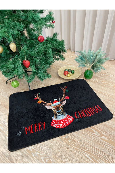 Christmas Yılbaşı Temalı Lateks Kaymaz Taban Kapı Önü Paspası Siyah (EBAT 60X90)