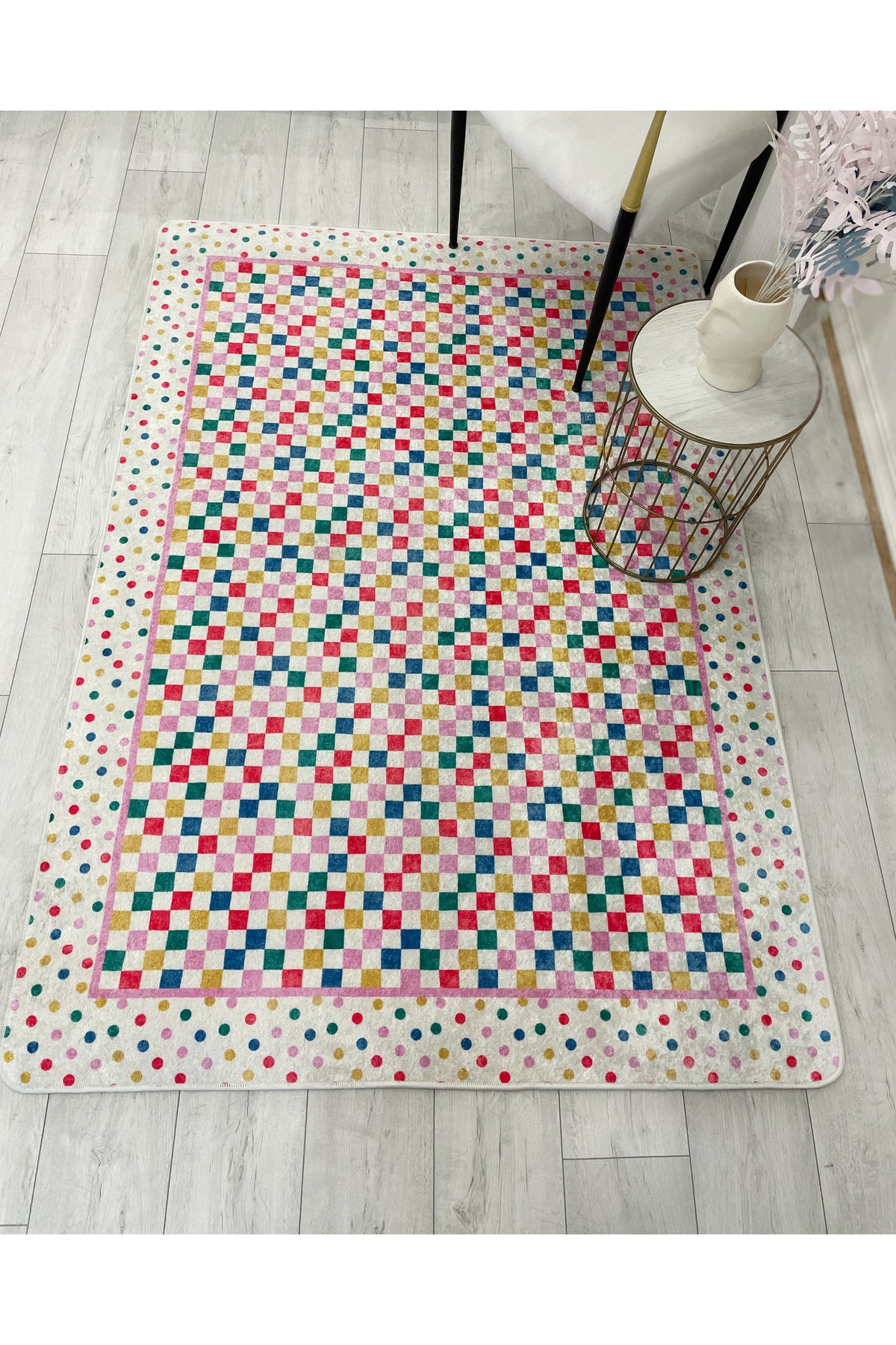 Polka Dot Checkered Latex Base Kids Rug