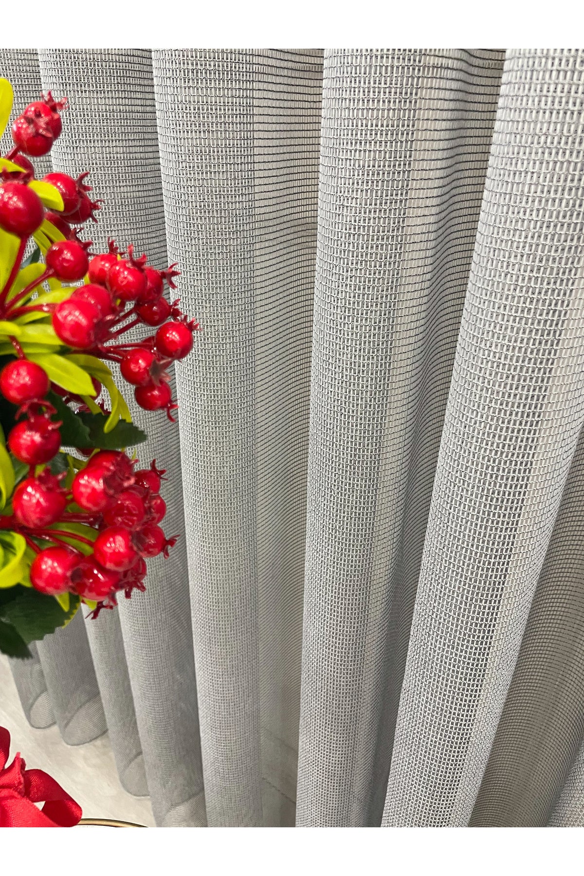 BEIGE-GRAY Modern Textured Knit 1/3 Dense Pleat Sheer Curtain