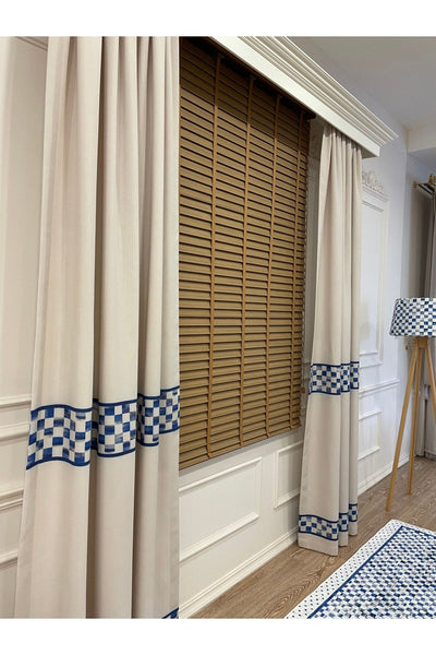 No-Pleat Extra-Reinforced Checkered Blackout Curtain - Beige-Blue