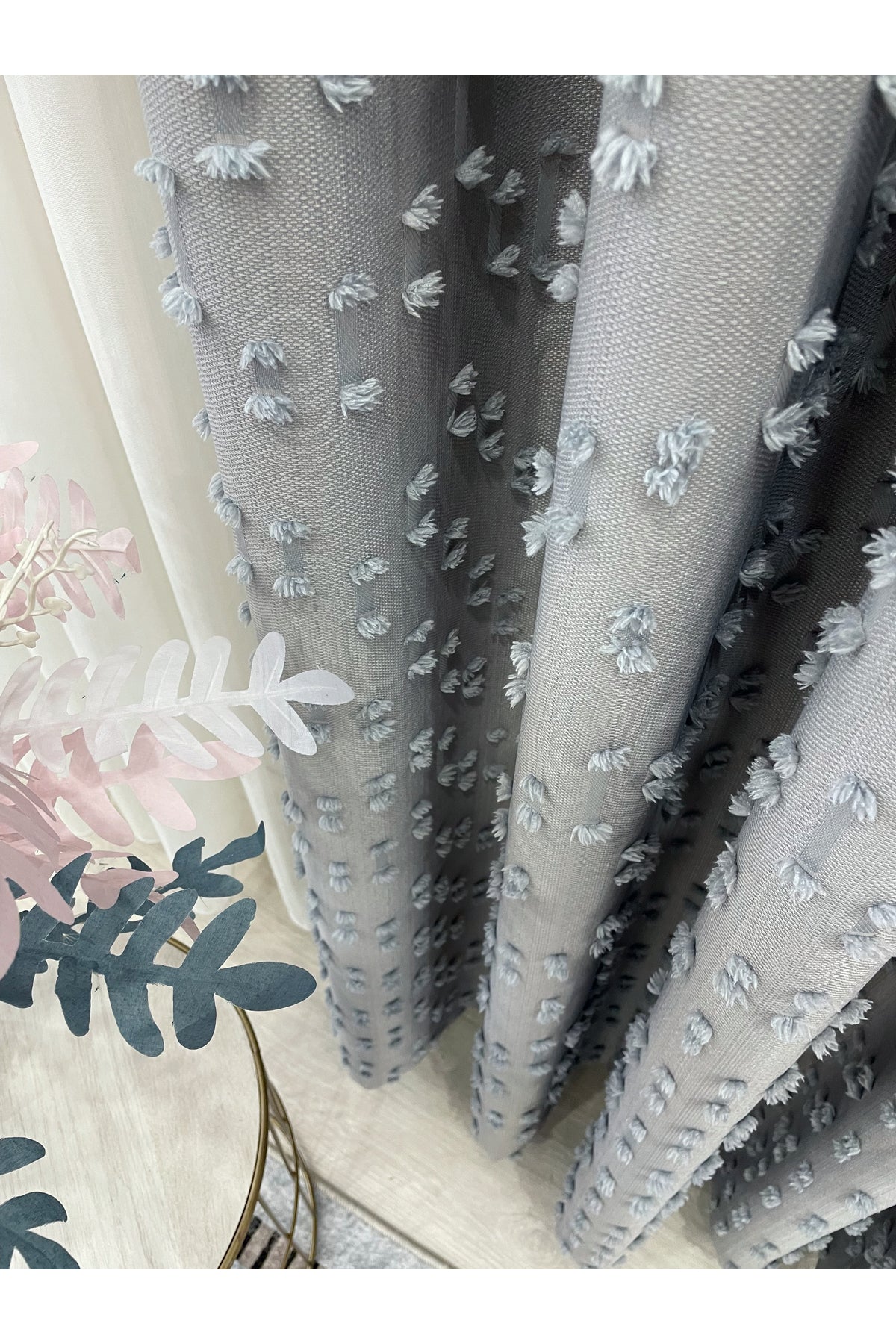 Indigo Blue Pompom Puffy Blackout Curtain 1/3 Dense Pleat