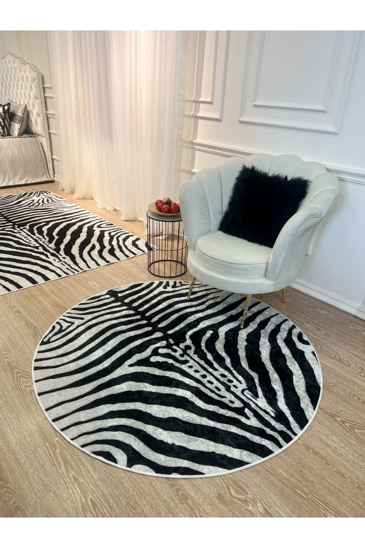 Zebra Print Round Black - Gray Decorative Rug