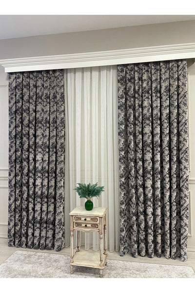 Brown-Navy Blue Chenille Pattern Jacquard 1/3 Dense Pleated Jacquard Blackout Curtain