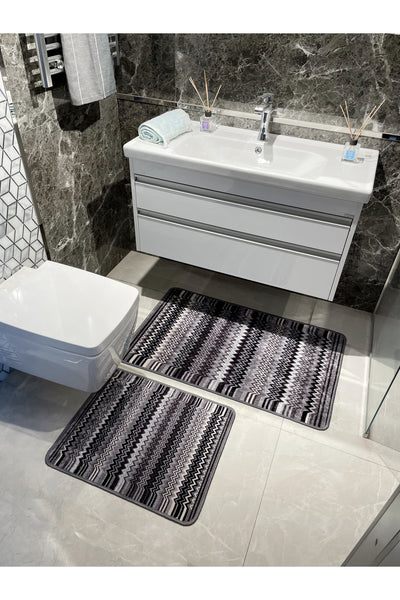 Zigzag Patterned 2-Piece Leather Base Bathroom Mat Set (60x100 - 60x50)