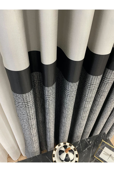 Panel Pattern Jacquard 1/3 Dense Pleat Blackout Curtain - Bottom: Mustard-Navy / Top: Gray