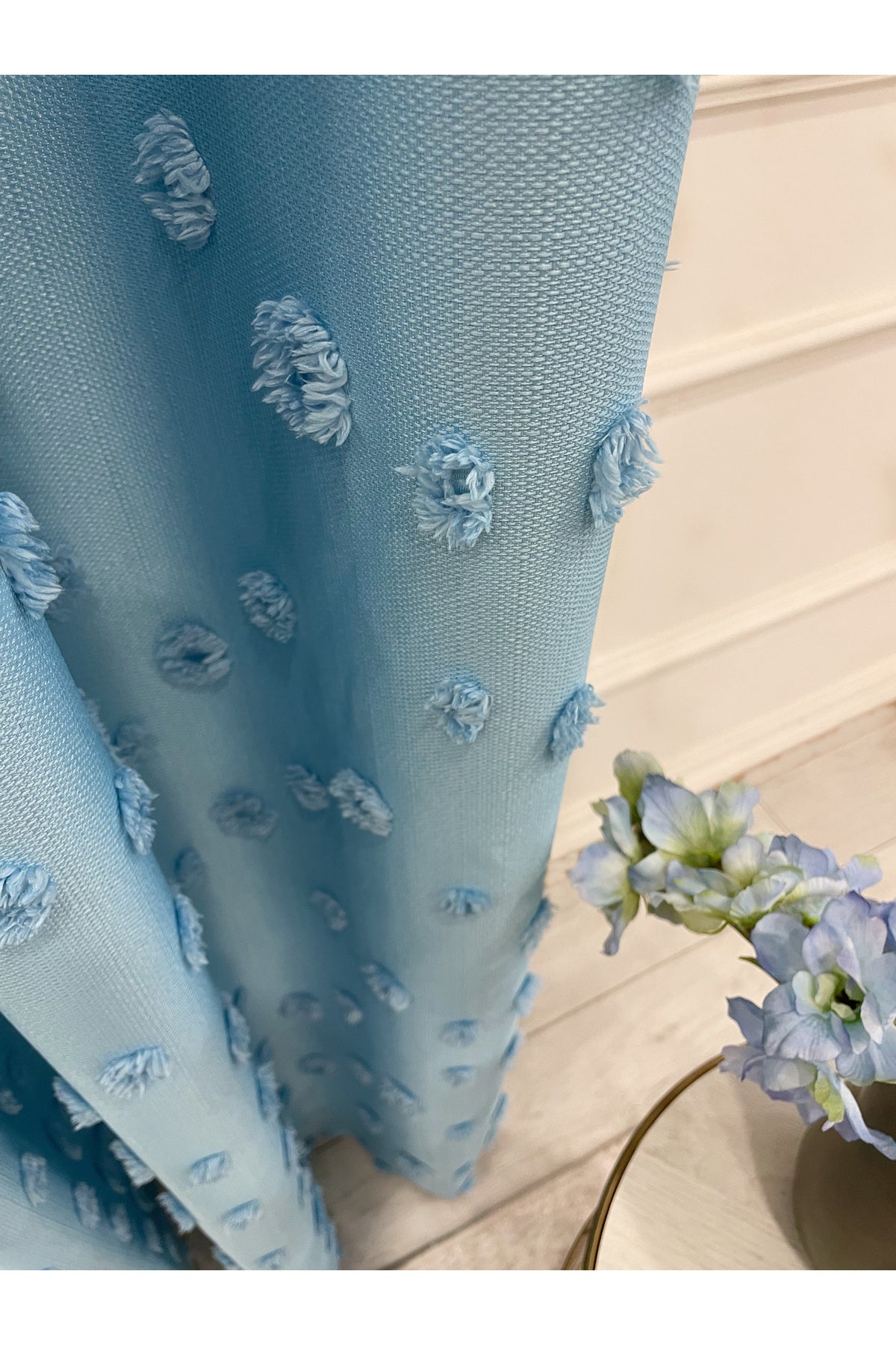 Blue Children's Room Pompom Puffy Blackout Curtain 1/3 Dense Pleating